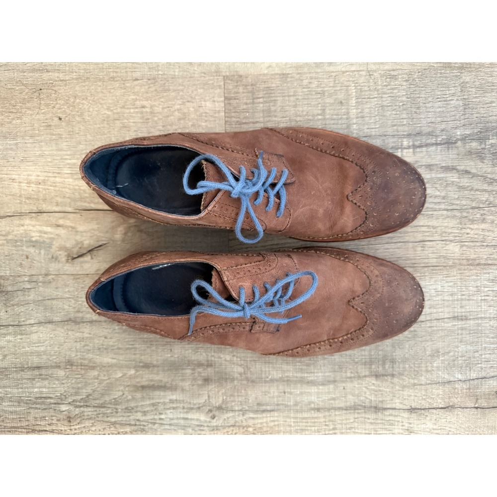Mens Brown Leather Wingtip Oxford Dress Shoes‎ Blue Laces Casual Classic Style